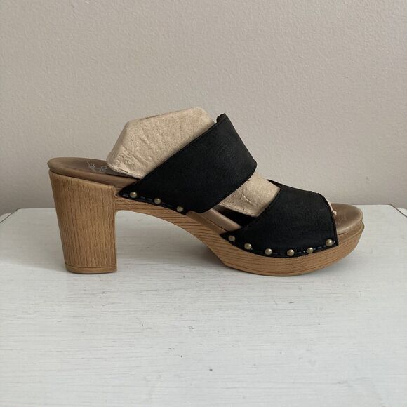Dansko Black Leather Slide Slip On Sandals Heels Studs Size 41 Buckle Platform - Picture 7 of 11